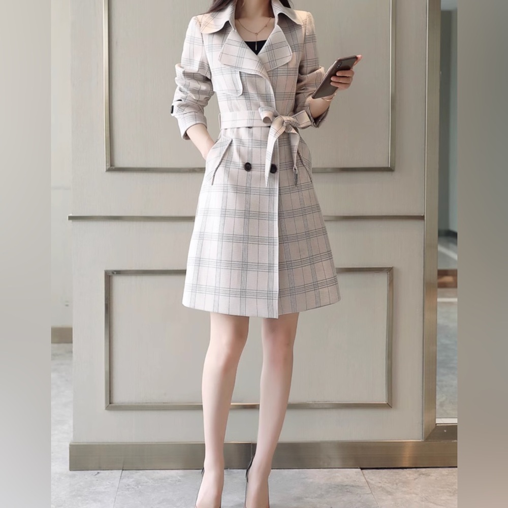 Faux Suede Soft Shell Plaid Pattern Double-Breasted Trench Coat Size Medium